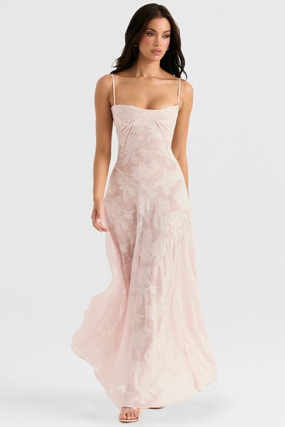 Elegant long pink maxi dress with spaghetti straps, perfect for weddings, parties, and summer events.