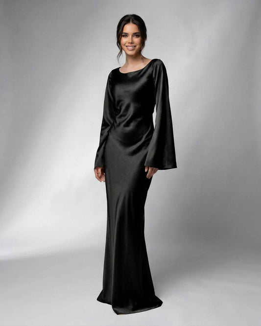 Liora Maxi Dress by Lauven, featuring elegant bell sleeves and a sleek satin silhouette in a black color.