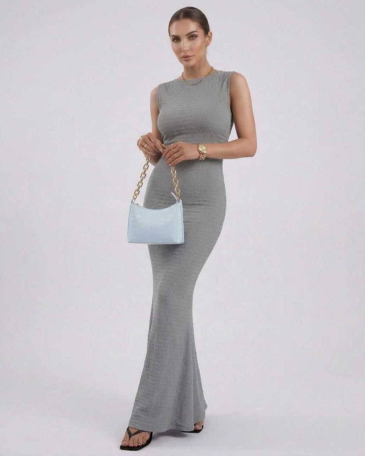 Liora Maxi Dress by Lauven, grey sleeveless slim fit ankle-length pencil dress, elegant and flattering silhouette.