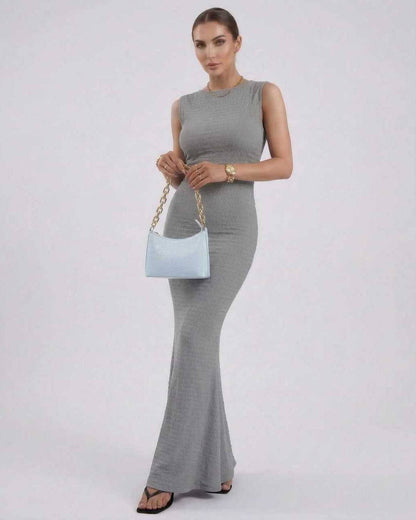 Liora Maxi Dress by Lauven, grey sleeveless slim fit ankle-length pencil dress, elegant and flattering silhouette.