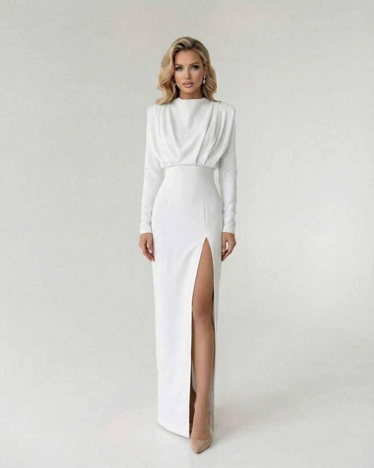 Liora Maxi Dress by Lauven - Elegant white dress with high side slit and long sleeves.
