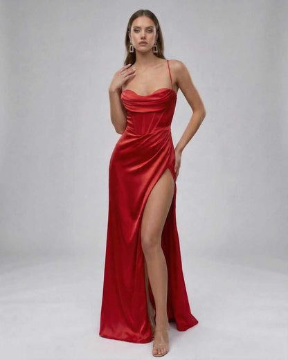 Liora Maxi Dress by Lauven, luxury red satin camisole gown with thigh-high slit and elegant draping.