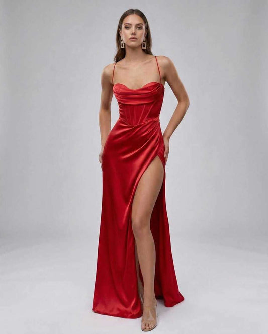 Liora Maxi Dress by Lauven - luxury red satin camisole gown with thigh-high slit and elegant drape.