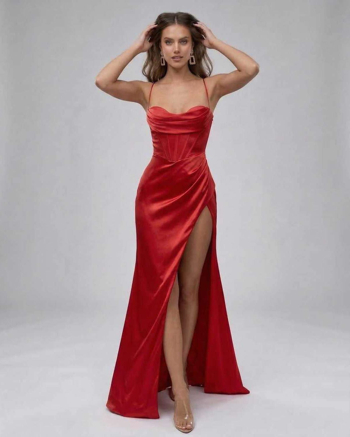 Liora Maxi Dress by Lauven, luxurious red satin camisole gown with a thigh-high slit and elegant silhouette.