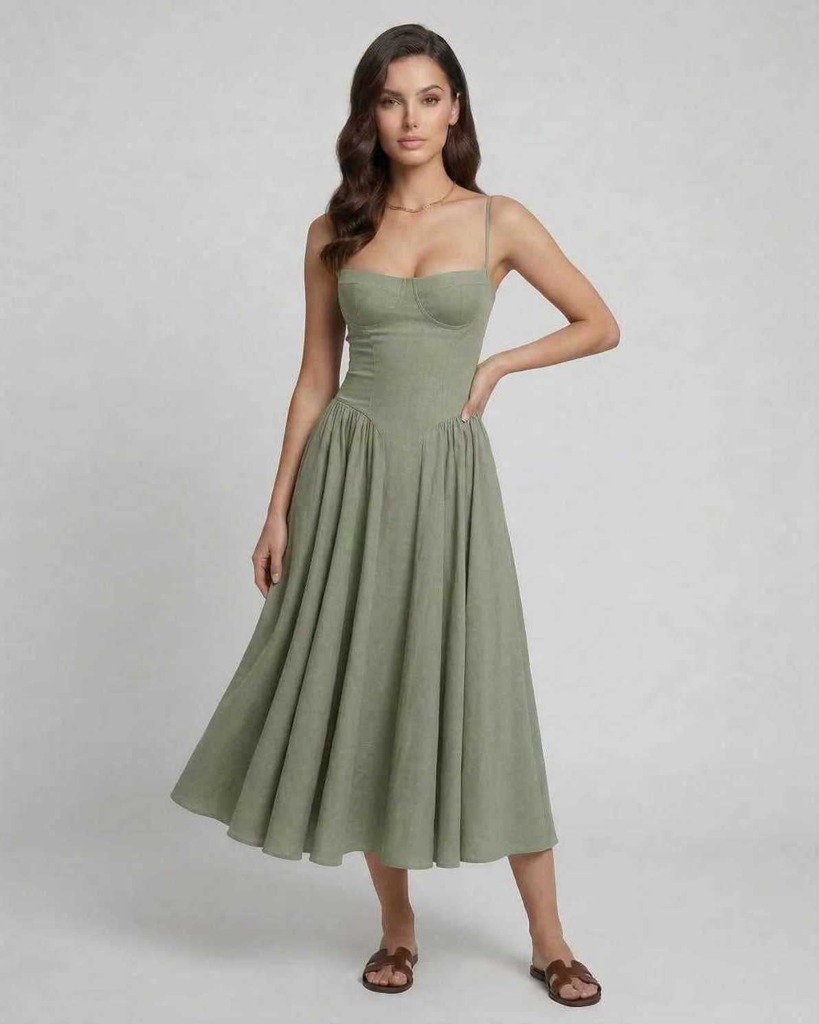 Liora Midi Dress by Lauven, showcasing elegant fit and flare design with chic slash neckline.