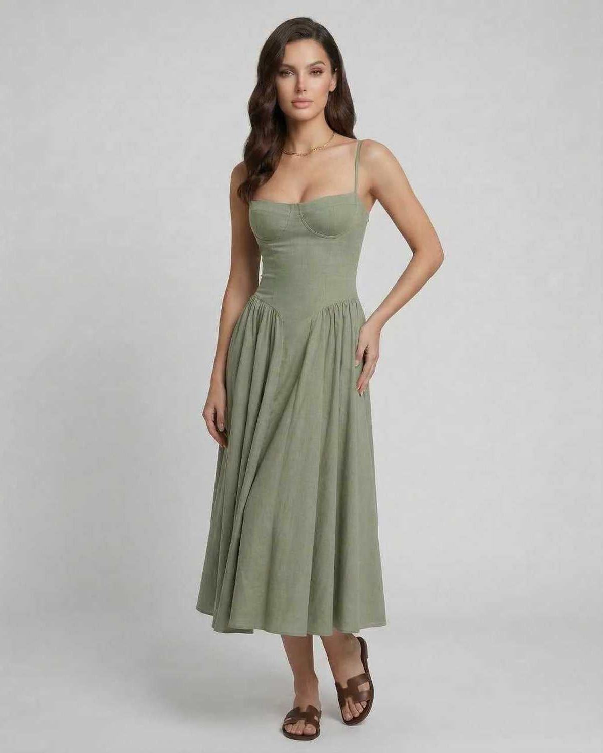 Liora Midi Dress by Lauven in elegant fit and flare style, featuring a chic slash neckline and spaghetti straps.