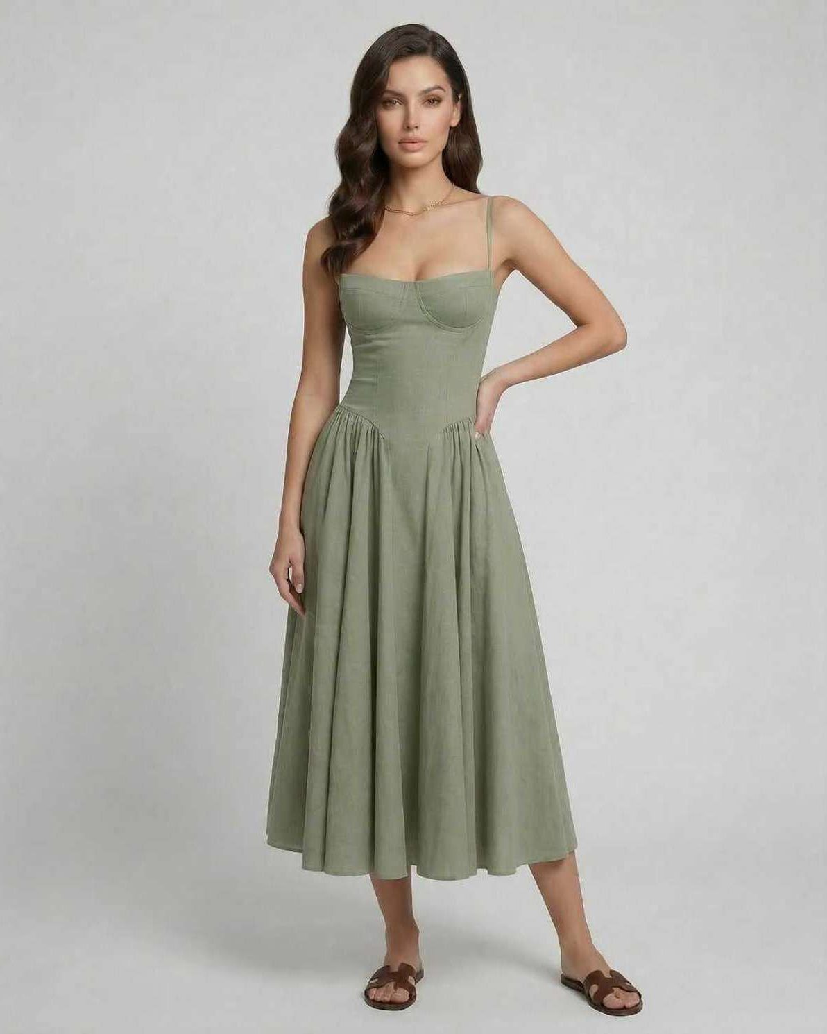 Liora Midi Dress by Lauven, elegant fit and flare design with chic slash neckline and flattering silhouette in green.