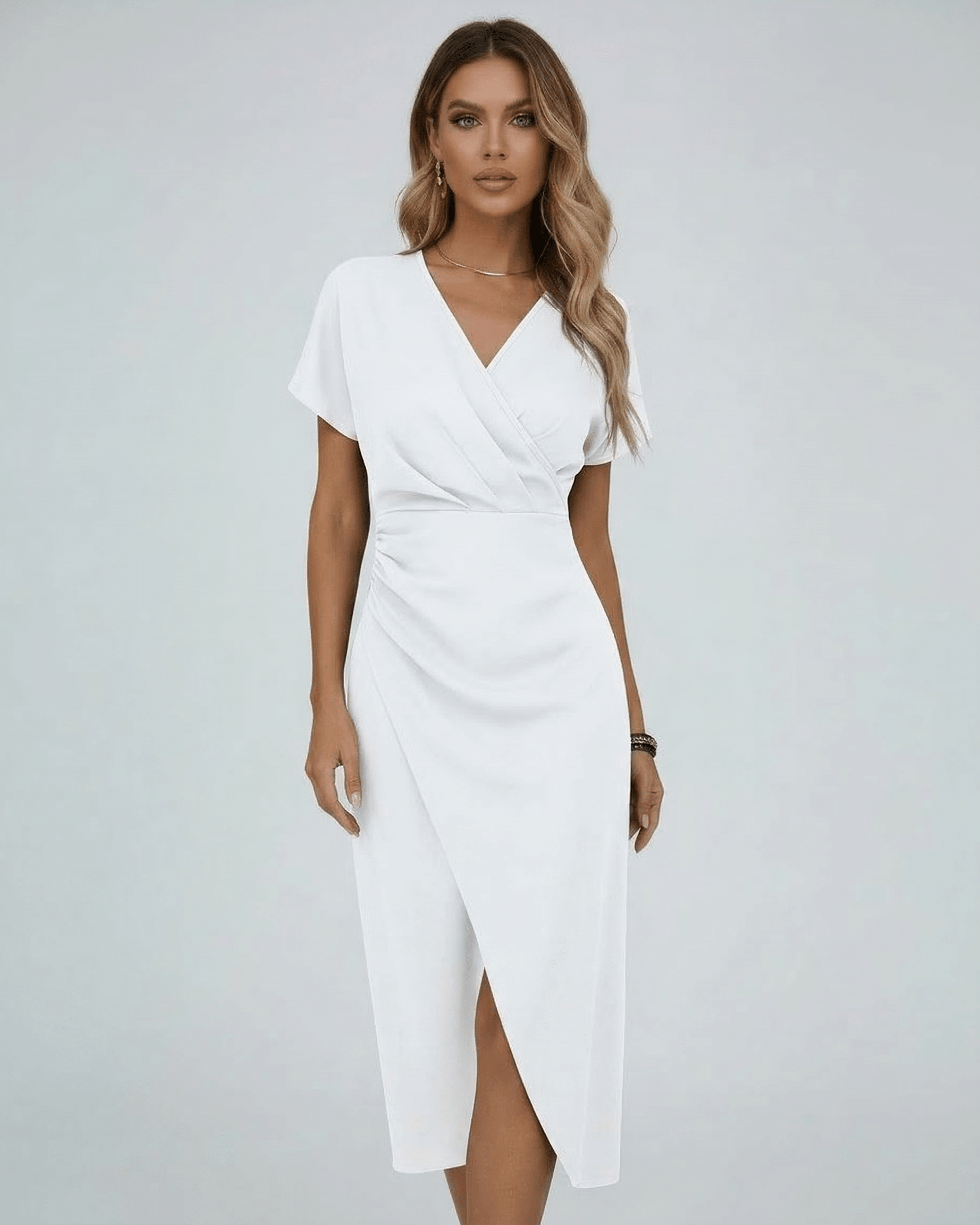 Liora Midi Dress by Lauven – Elegant white wrap dress with V-neckline and short sleeves