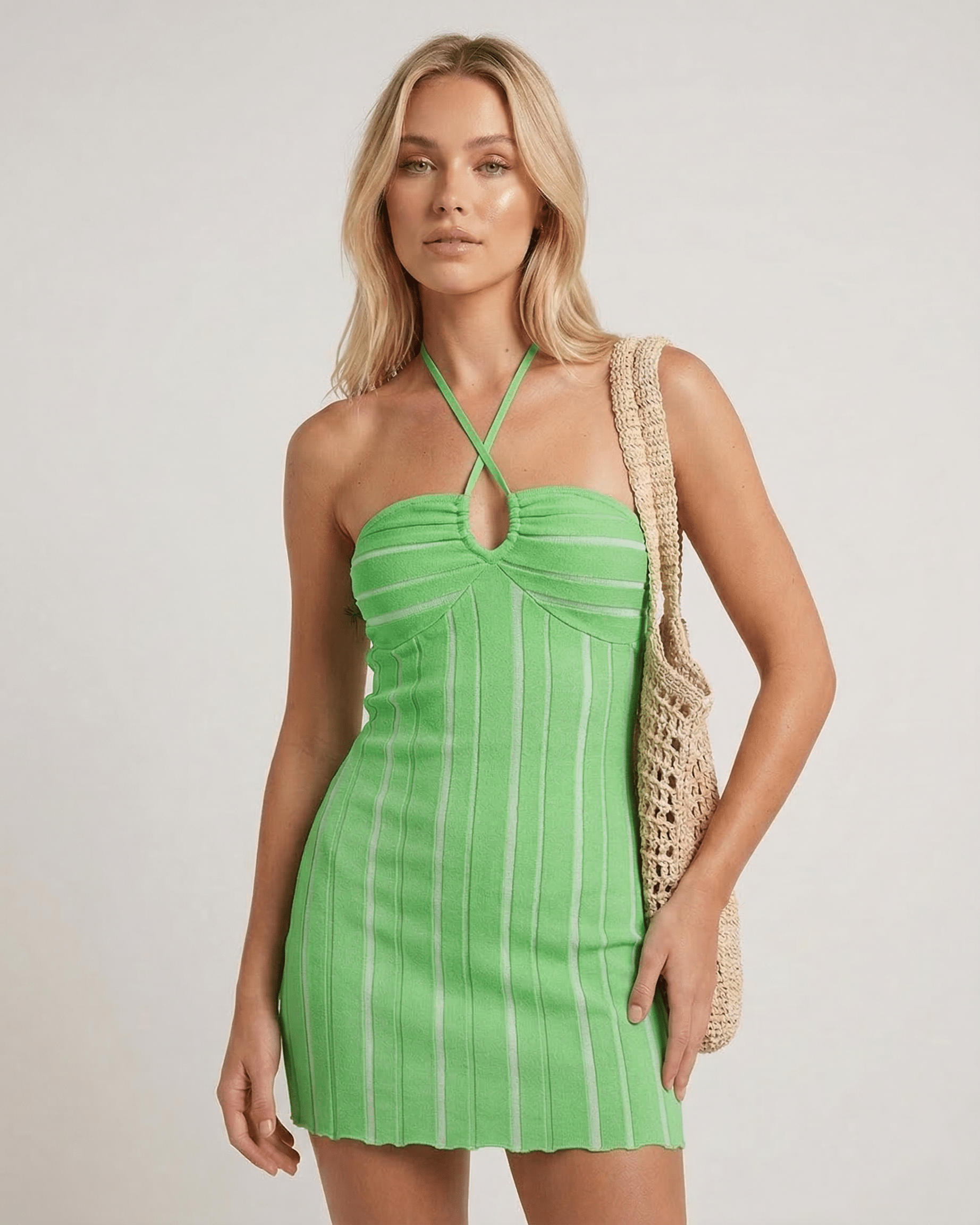 Liora Mini Dress by Lauven in vibrant green with halter neck and vertical ribbing, showcasing a flattering silhouette.
