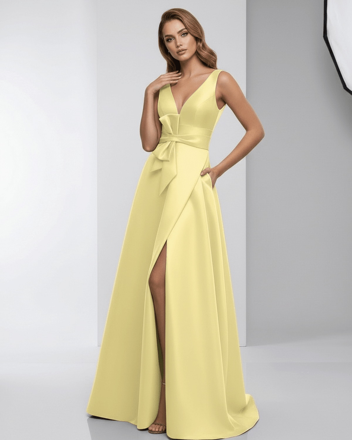 Lumia Maxi Dress - yellow satin A-line V-neck, elegant evening wear by Lauven, featuring a refined silhouette.