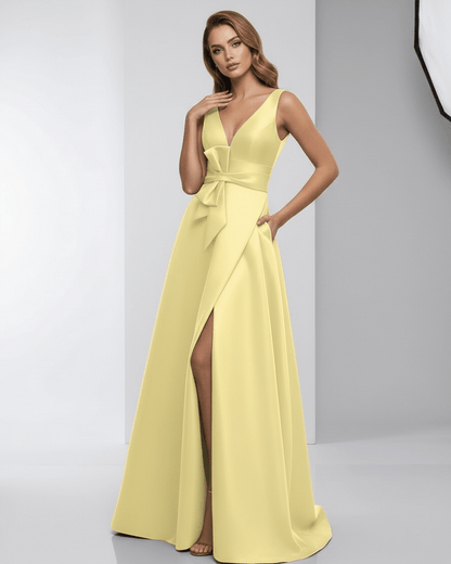 Lumia Maxi Dress - yellow satin A-line V-neck, elegant evening wear by Lauven, featuring a refined silhouette.