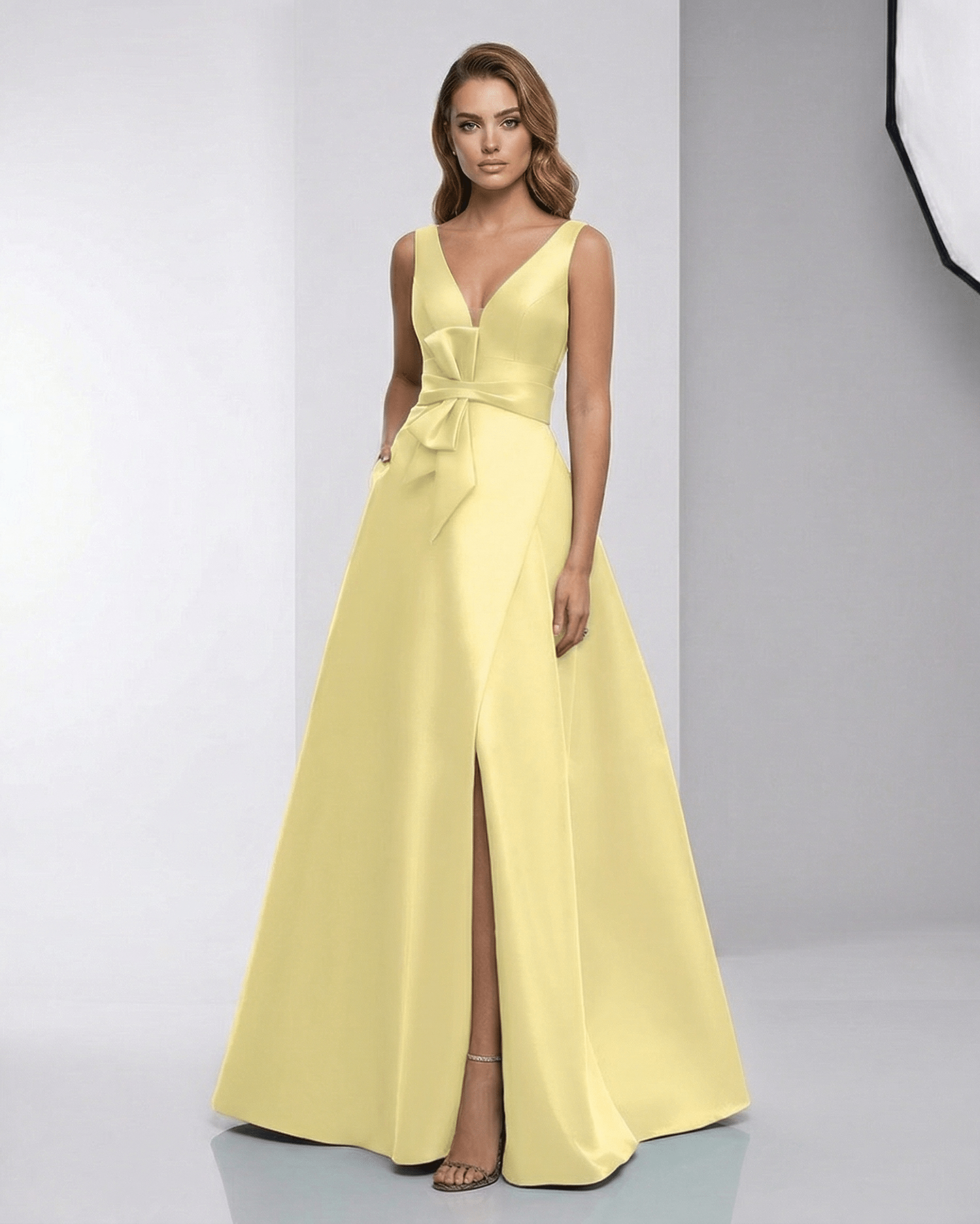 Lumia Maxi Dress in yellow satin featuring a V-neckline and A-line silhouette, by Lauven, perfect for special occasions.