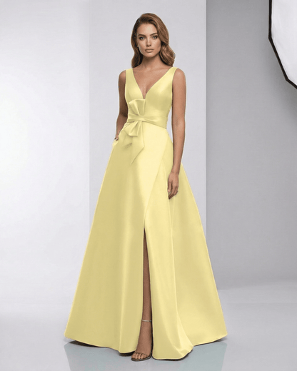 Lumia Maxi Dress in yellow satin featuring a V-neckline and A-line silhouette, by Lauven, perfect for special occasions.
