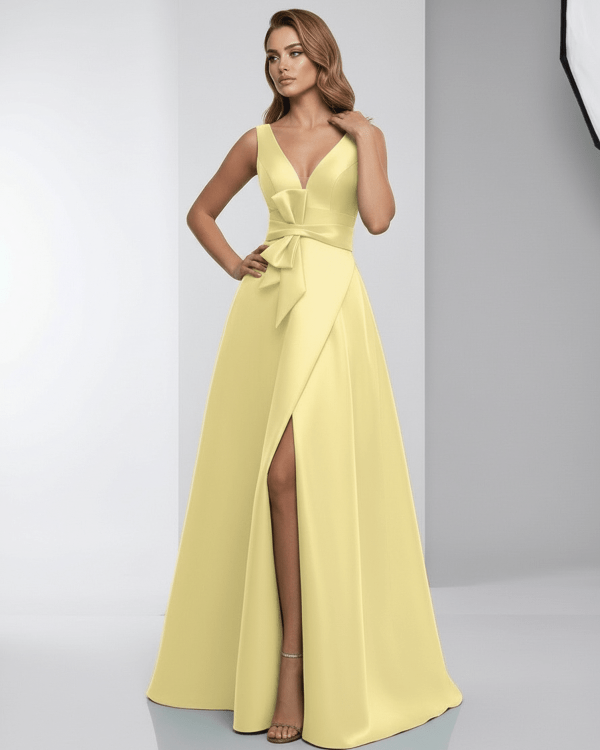 Lumia Maxi Dress featuring a yellow satin A-line design, deep V-neck, elegant floor-length fit by Lauven.
