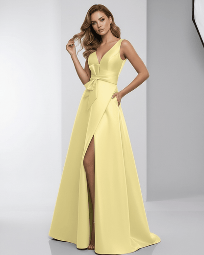 Lumia Maxi Dress in yellow satin, A-line V-neck, elegant evening wear by Lauven with a soft finish and stylish silhouette.
