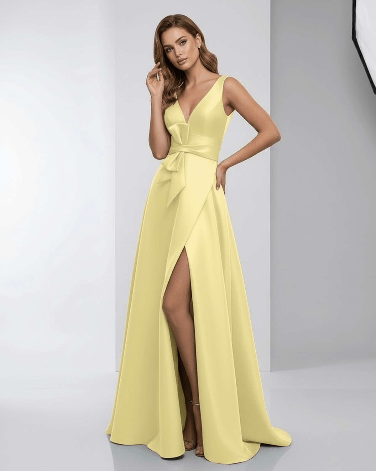 Lumia Maxi Dress featuring a yellow satin A-line silhouette, elegant deep V-neck, and chic bow detail, by Lauven.