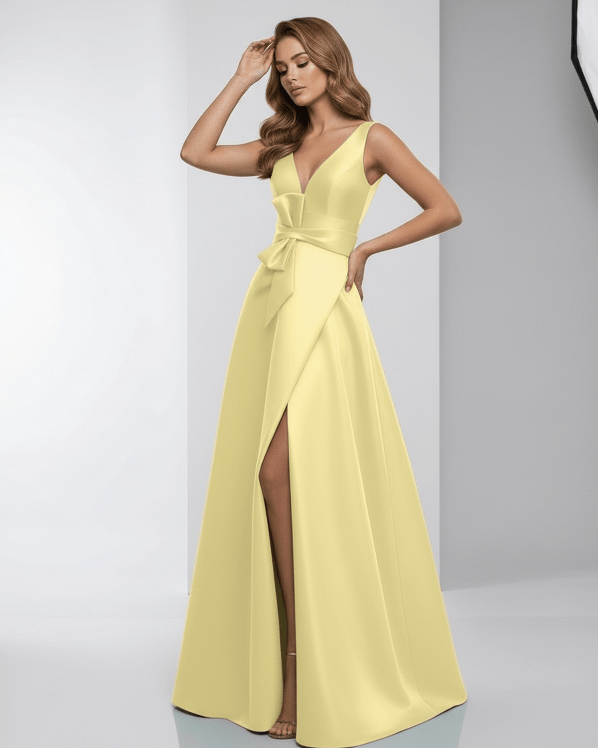 Lumia Maxi Dress in yellow satin, A-line silhouette, V-neck, elegant floor-length design by Lauven.