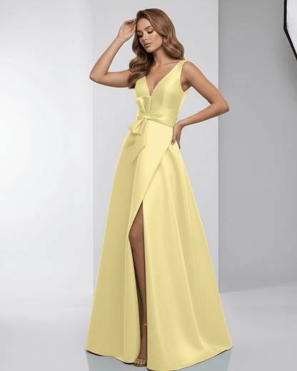 Lumia Maxi Dress in yellow satin, A-line silhouette, V-neck, elegant floor-length design by Lauven.