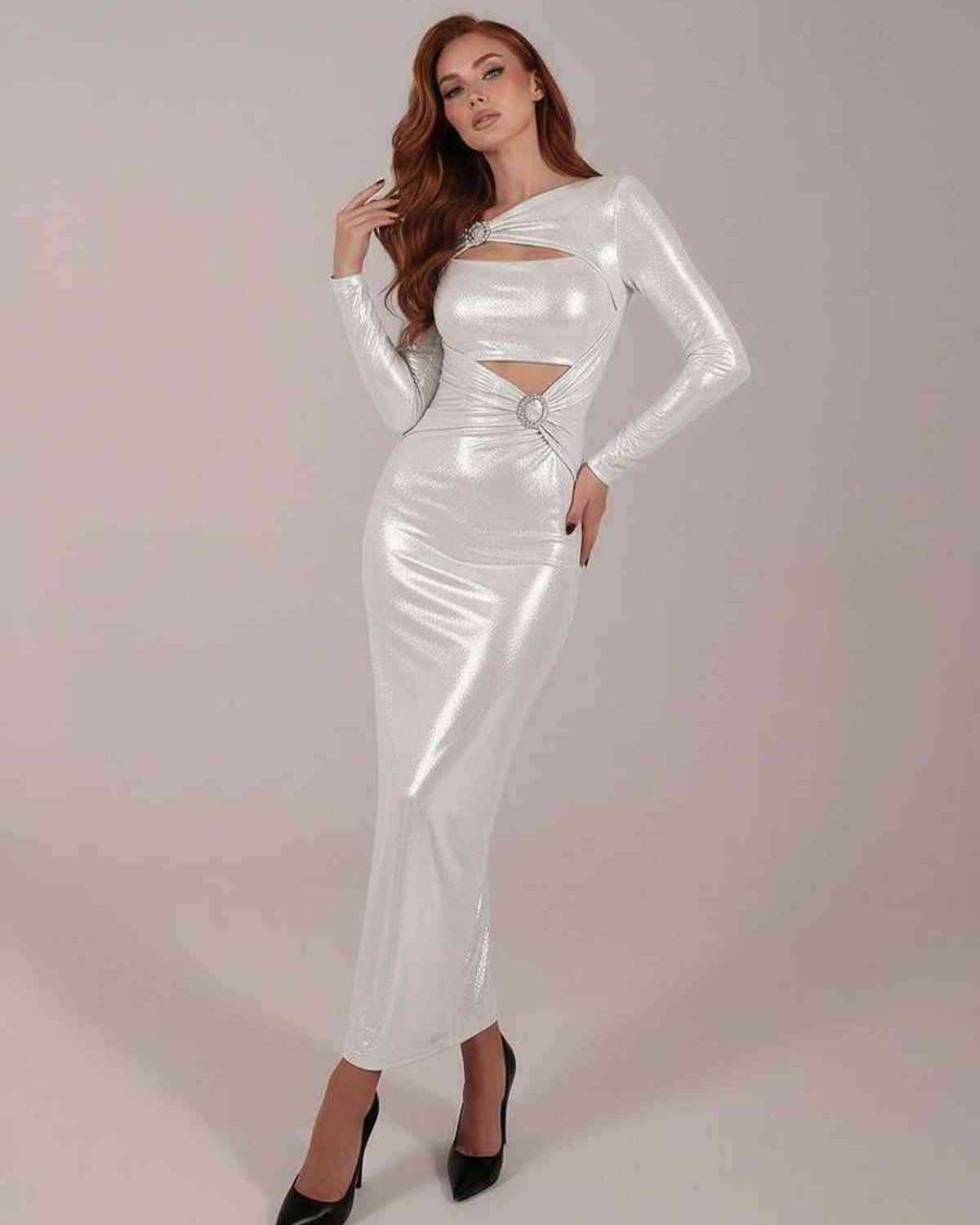 Lumiera Maxi Dress with long sleeves, cut-out detail, metallic accents, sleek design by Lauven.