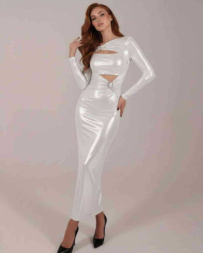 Lumiera Maxi Dress with long sleeves, cut-out detail, metallic accents, sleek design by Lauven.