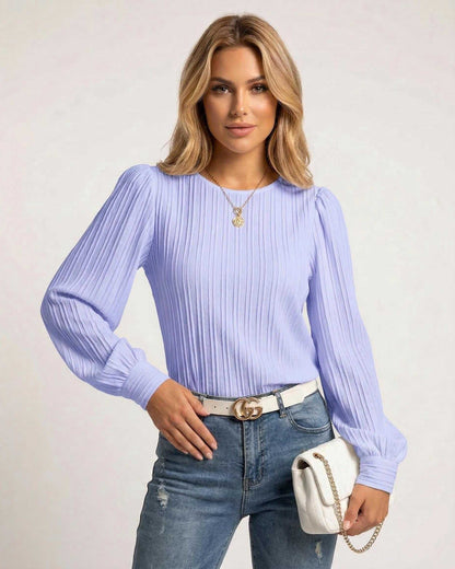 Luna Blouse by Lauven - Soft lavender pleated long sleeve top with bishop sleeves and fitted cuffs.