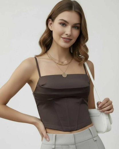 Luna Corset Top by Lauven, elegant satin corset with a structured silhouette, perfect for modern fashion.