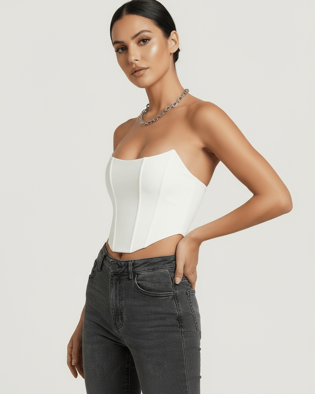 Luna Corset Top by Lauven - Elegant white velvet structured design showcasing architectural silhouette.