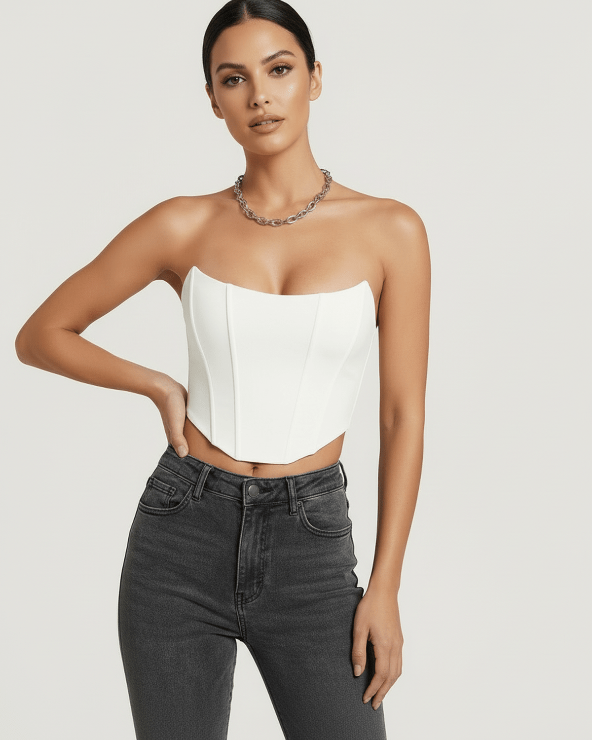 Luna Corset Top by Lauven, white velvet structured design highlighting elegant tailoring and form.