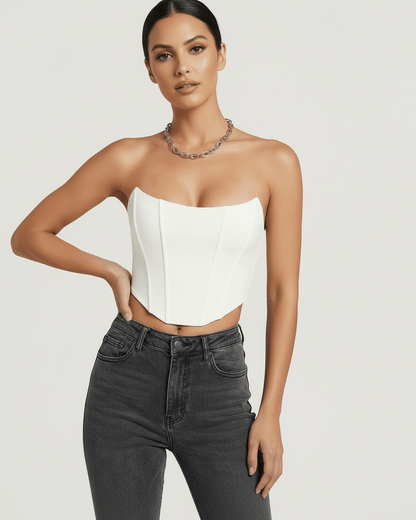 Luna Corset Top by Lauven, white velvet structured design highlighting elegant tailoring and form.