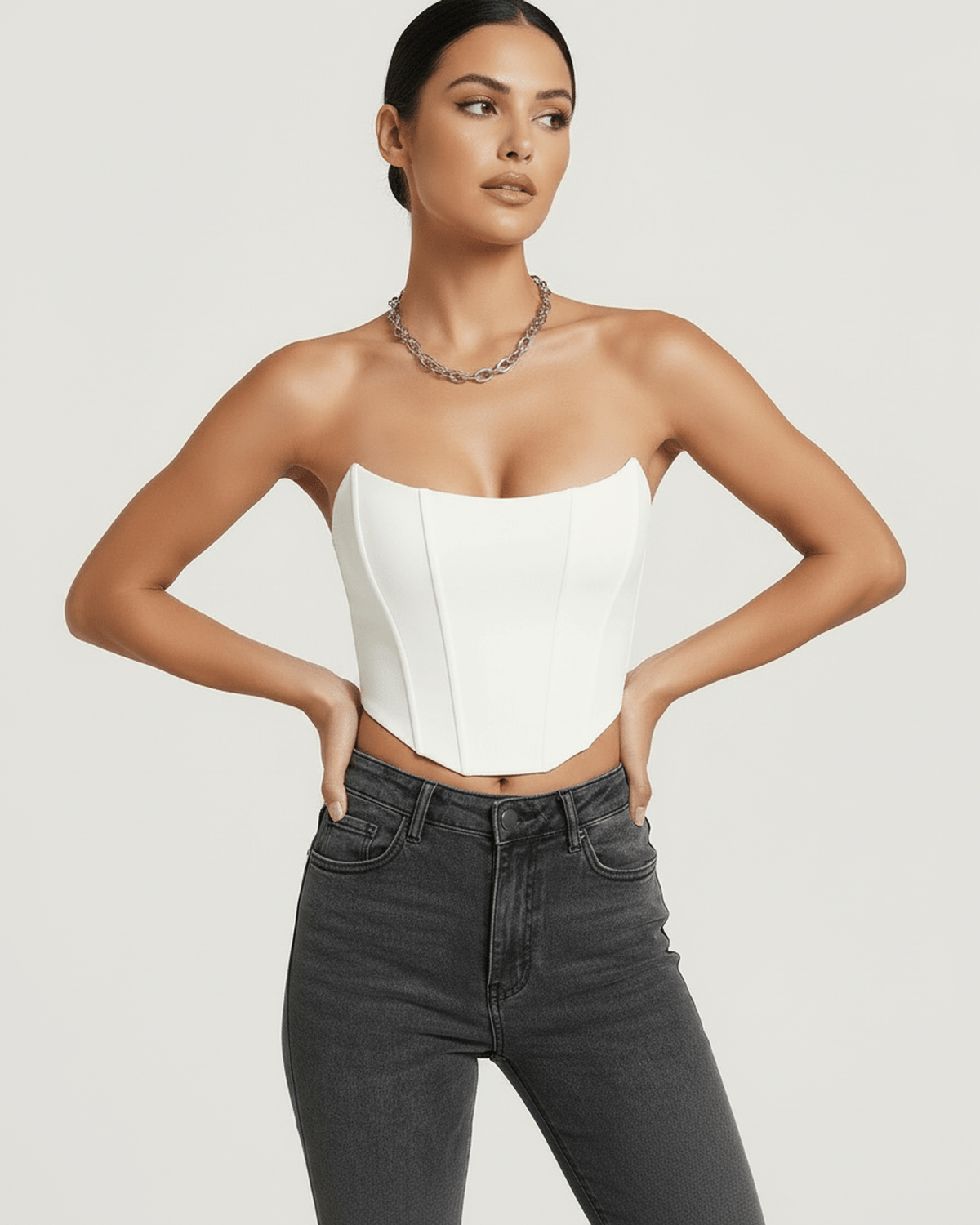 Luna Corset Top by Lauven - Elegant white velvet structured design showcasing vertical boning and a sculptural silhouette.