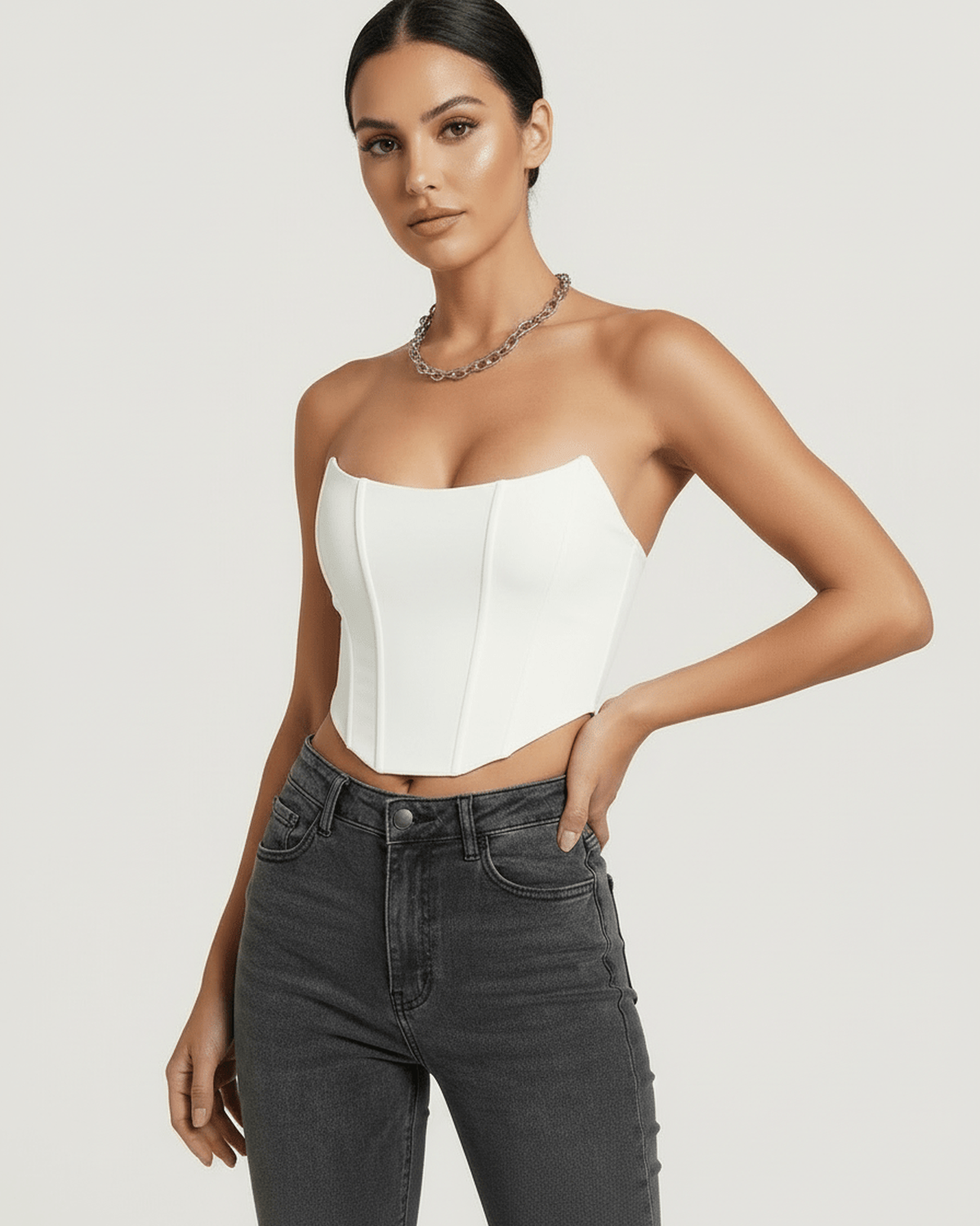 Luna Corset Top by Lauven - Elegant white velvet structured design showcasing vertical boning and sculptural silhouette.