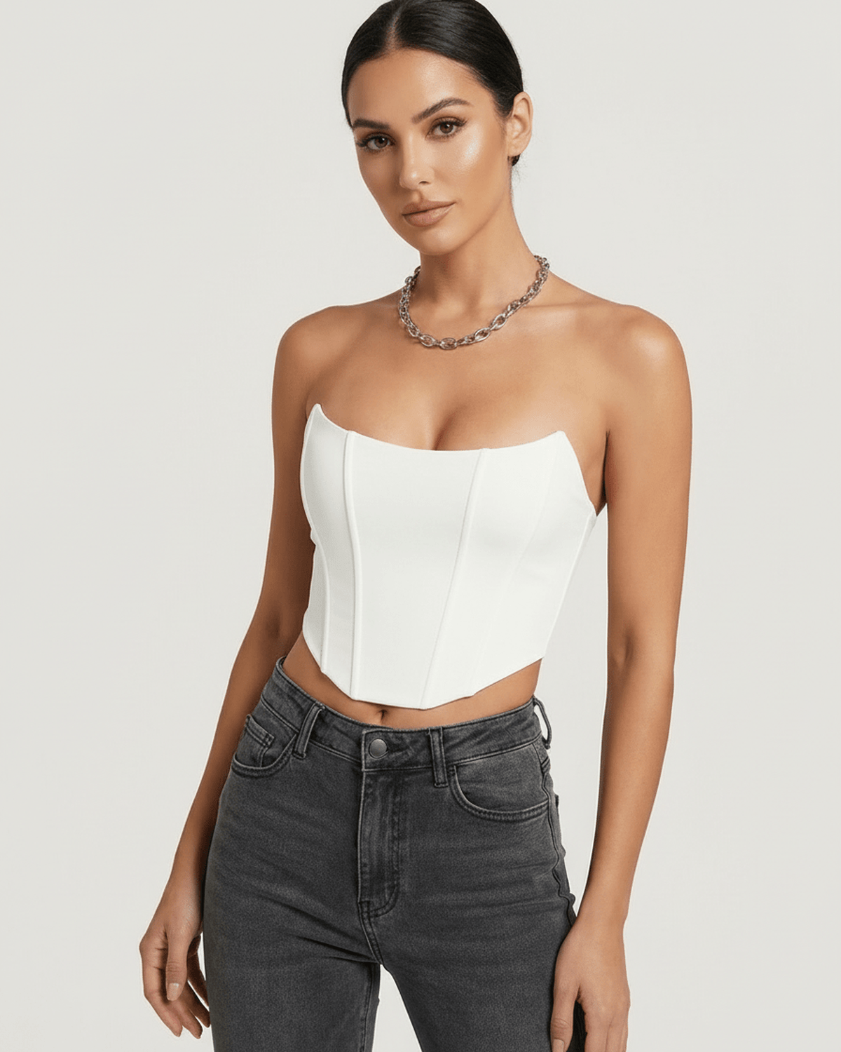 Lauven Luna Corset Top in elegant white velvet with structured design, showcasing vertical boning and luxurious appeal.