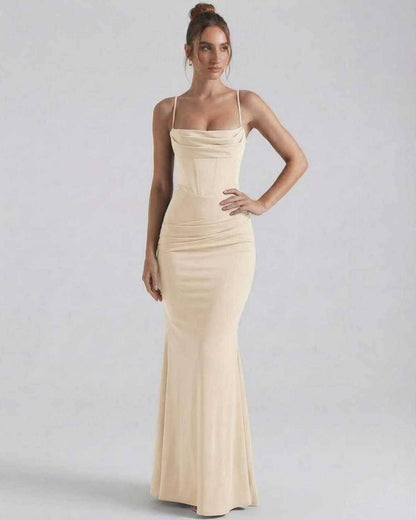 Luna Maxi Dress in soft beige with elegant spaghetti straps, featuring a sleek sheath silhouette by Lauven.