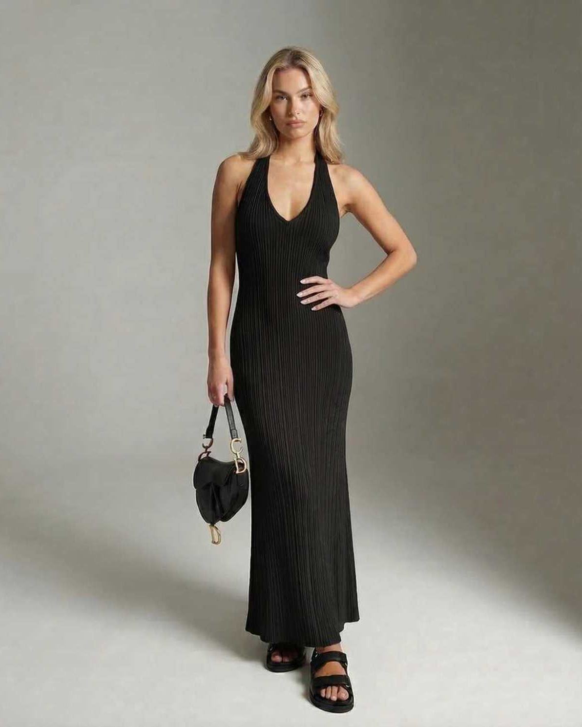 Luna Maxi Dress by Lauven - Sleek ribbed knit black sleeveless dress with V-neckline, perfect for elegant occasions.