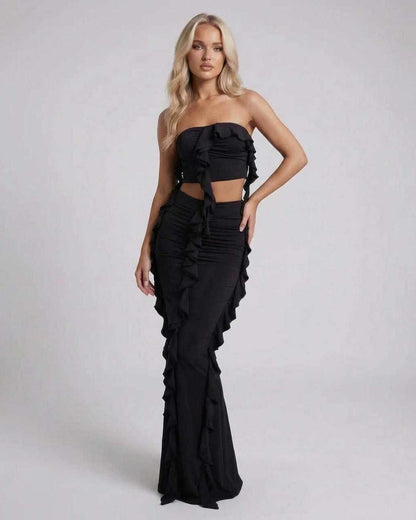 Luna Maxi Dress by Lauven, elegant black sheath silhouette with ruffle detail, designed for sophisticated allure.