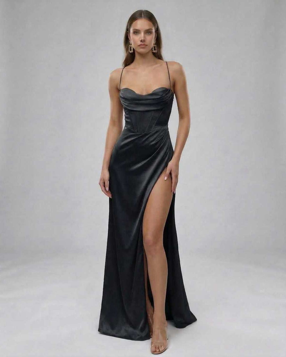 Luna Maxi Dress by Lauven, sleek black satin gown features a daring high slit and structured bodice.