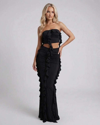 Luna Maxi Dress by Lauven, elegant black sheath silhouette with ruffle detail, sleeveless design.