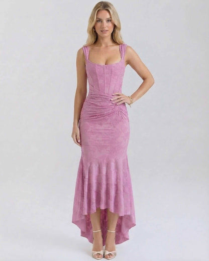 Luna Maxi Dress by Lauven - Elegant pink sleeveless dress with square neckline and fish tail hemline.