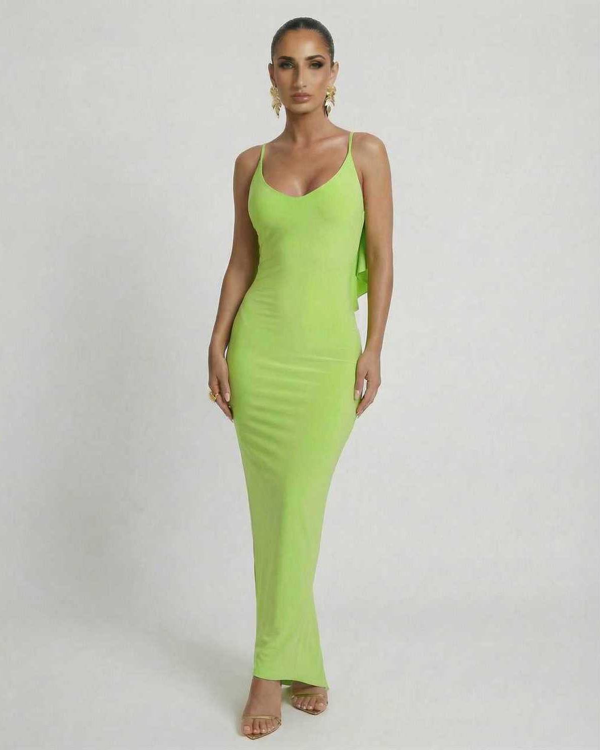 Lauven Luna Maxi Dress in sleek lime green, sleeveless, bodycon fit with spaghetti straps.
