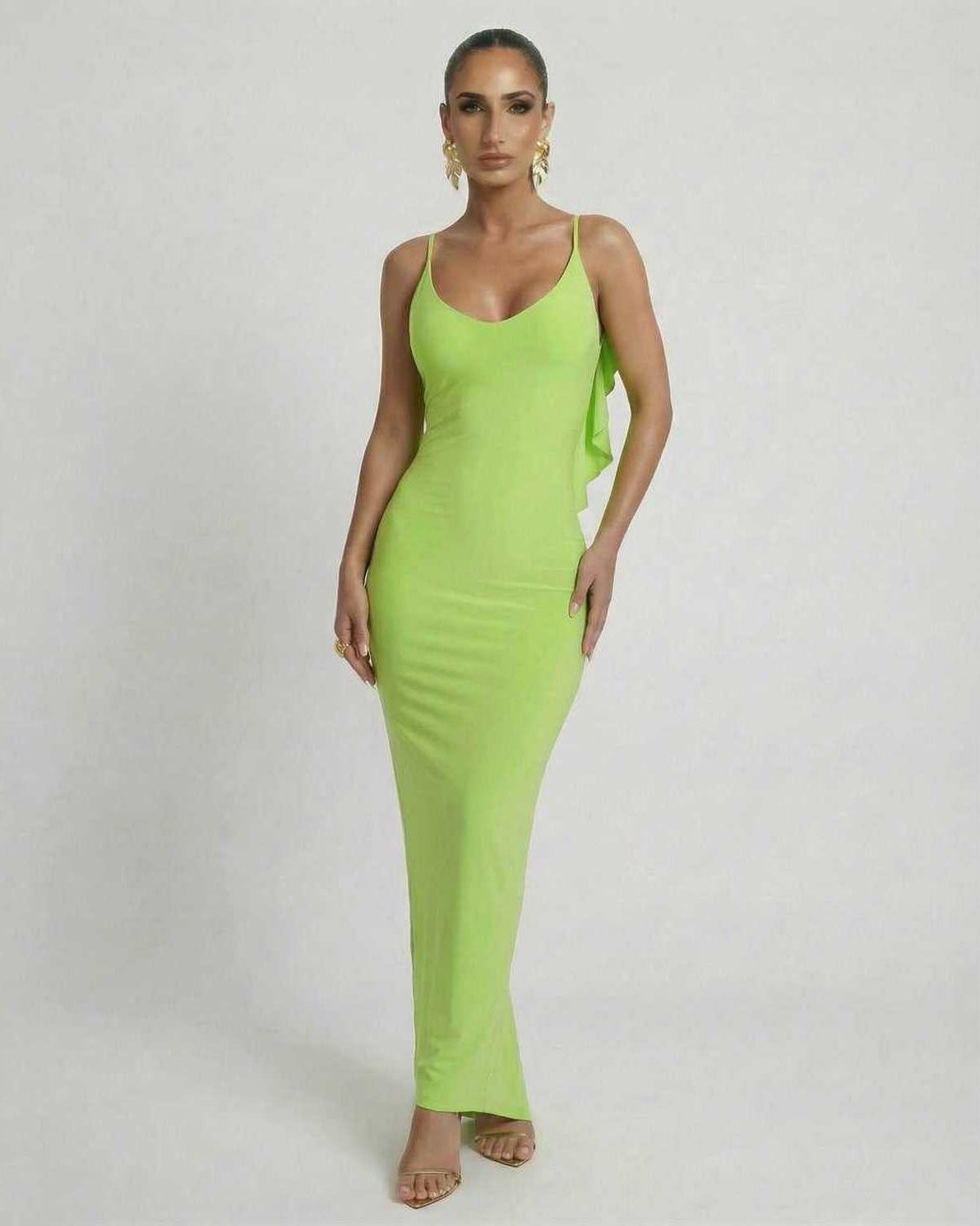 Lauven Luna Maxi Dress in vibrant lime green featuring sleek sleeveless silhouette and spaghetti straps.
