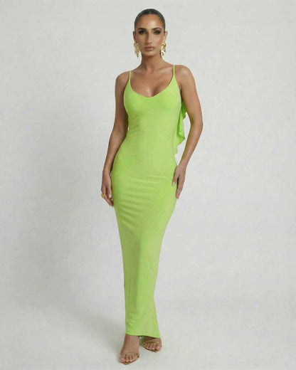Lauven Luna Maxi Dress in vibrant lime green featuring sleek sleeveless silhouette and spaghetti straps.