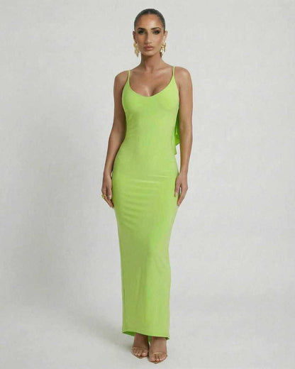 Lauven Luna Maxi Dress in sleek lime green features a sleeveless bodycon silhouette with spaghetti straps.