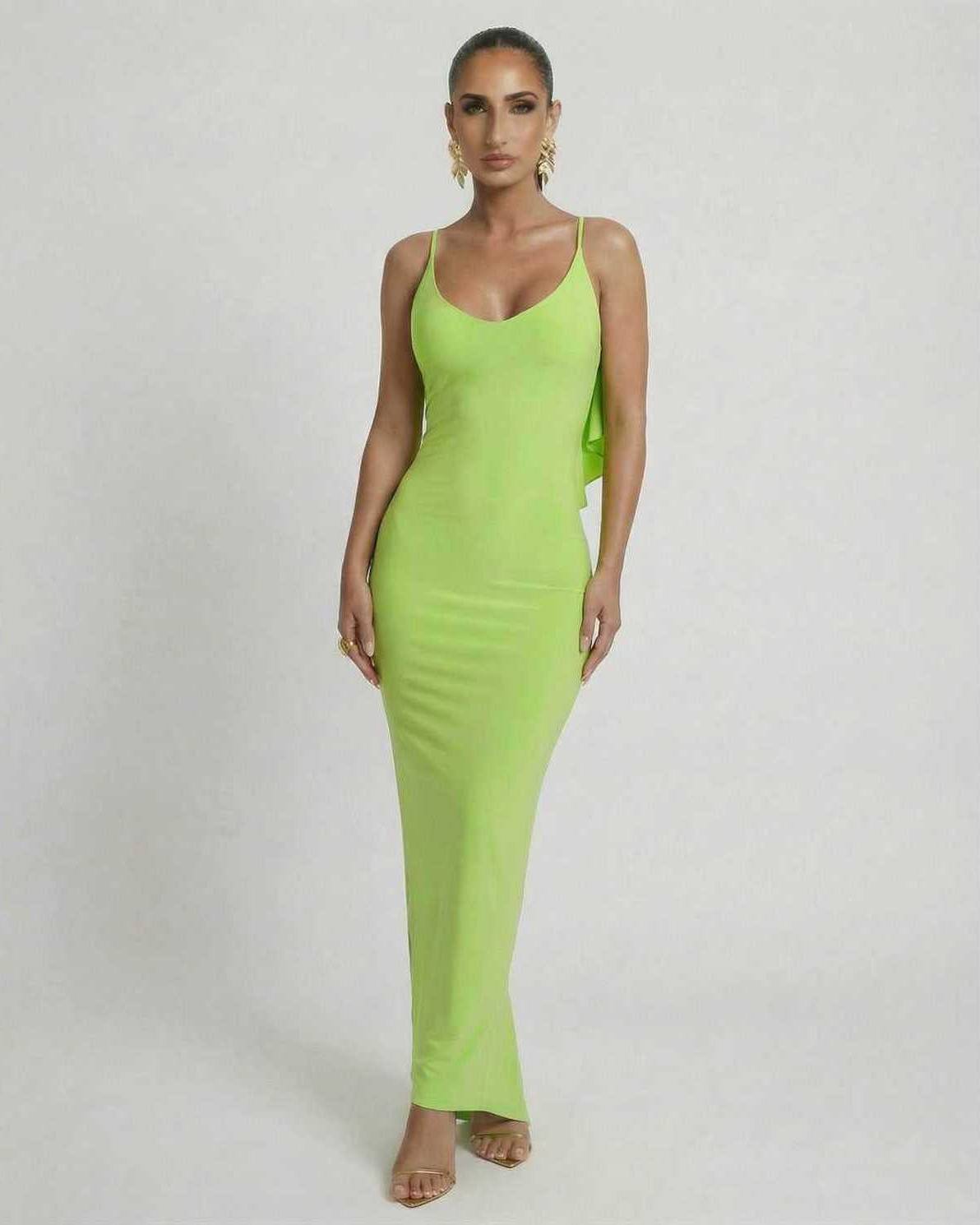 Lauven Luna Maxi Dress in sleek lime green with sleeveless silhouette and spaghetti straps for a modern look.