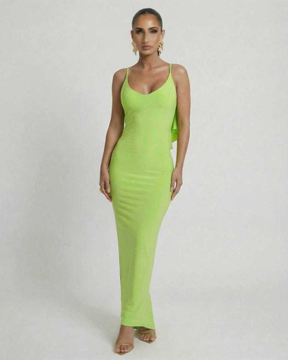 Lauven Luna Maxi Dress in sleek lime green with sleeveless silhouette and spaghetti straps for a modern look.