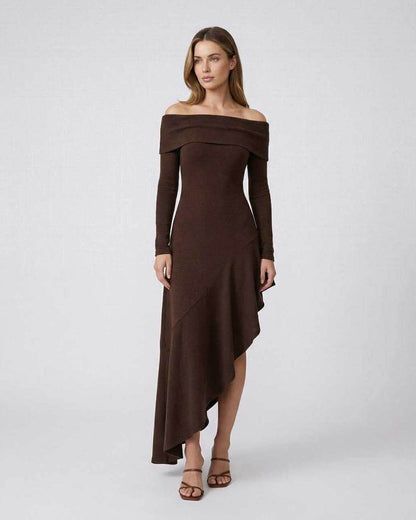 Luna Maxi Dress by Lauven - Elegant off-shoulder cotton blend midi dress in chocolate brown with ruffle hem.