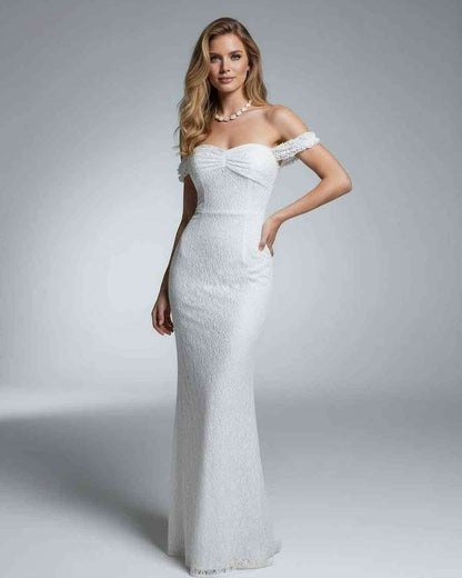 Luna Maxi Dress by Lauven - Elegant off-shoulder lace gown in white, featuring a high waist silhouette and refined texture.