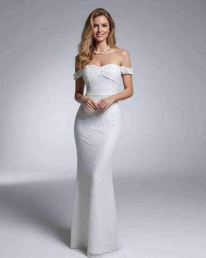 Luna Maxi Dress by Lauven - Elegant off-shoulder lace gown with a sleek high waist silhouette, perfect for special occasions.