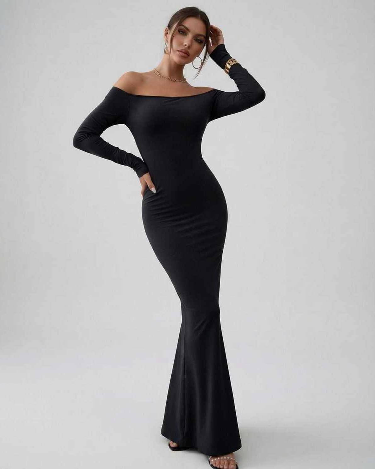 Lauven Luna Maxi Dress off-shoulder long sleeve in classic black, showcasing a sleek and sophisticated silhouette.