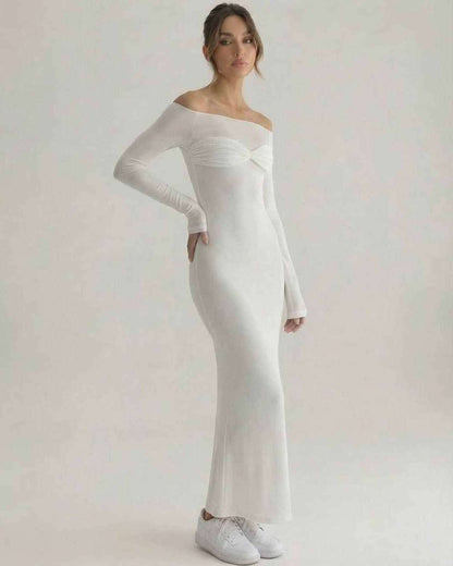 Luna Maxi Dress featuring off-shoulder neckline, slim sheath silhouette, full-length sleeves by Lauven.