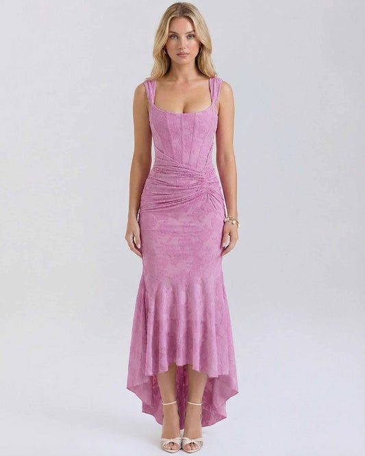 Luna Maxi Dress by Lauven - Elegant pink jacquard dress with square collar and fish tail hem.